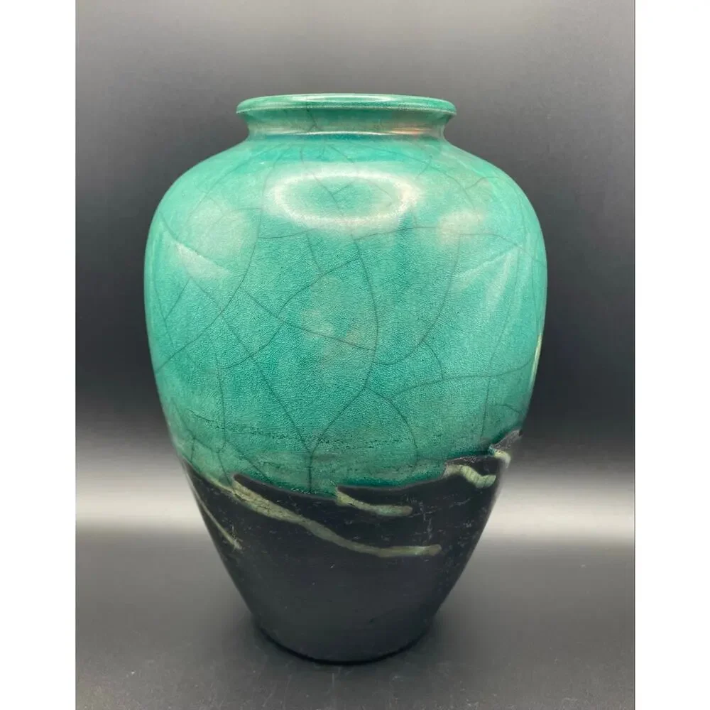 John Melkonian California Raku Studio Pottery Vase Turquoise and Black Crackle,